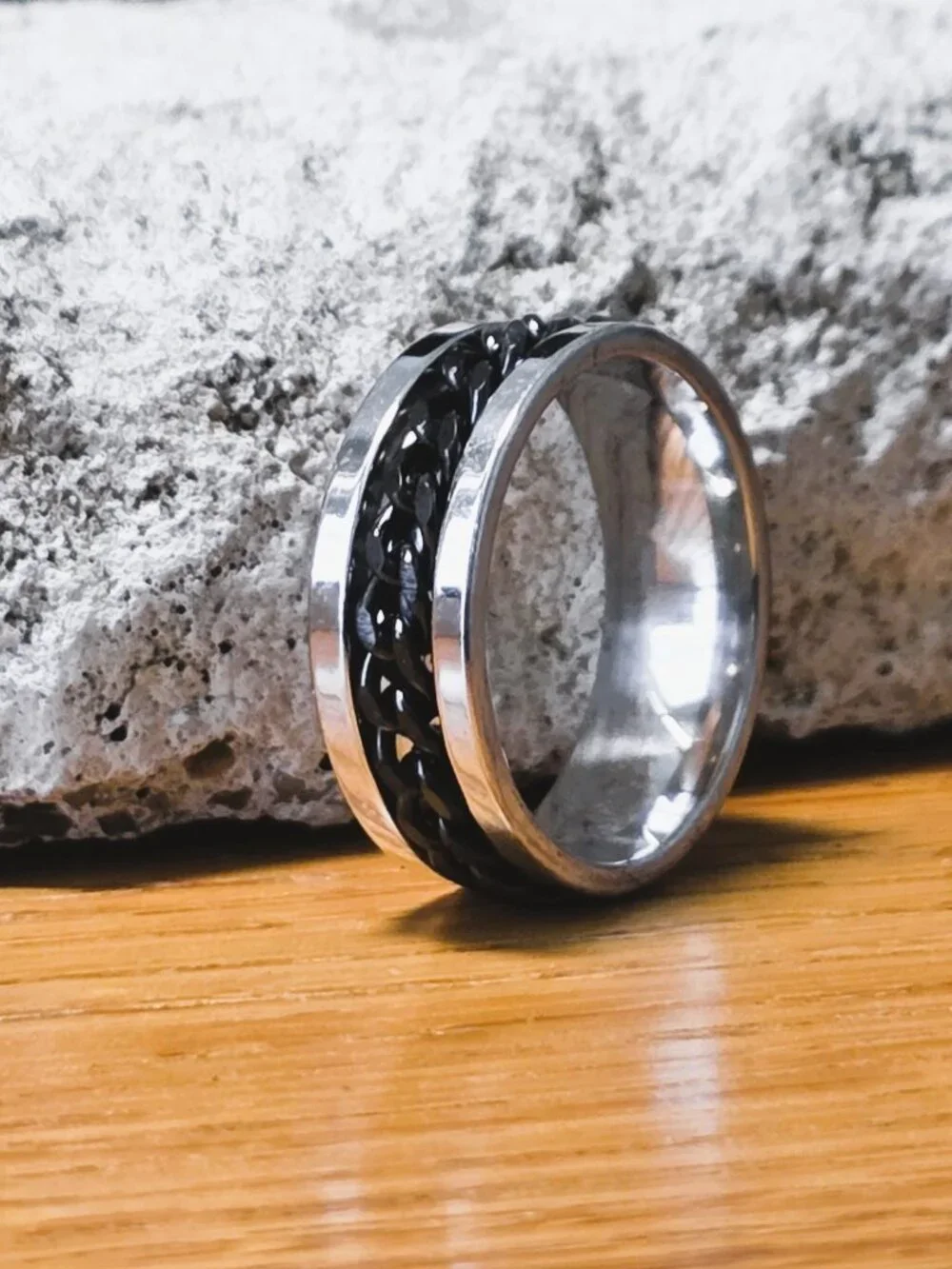 NEW! Stainless Steel Spinner Ring with Black Braided Chain Fidget Band - Size 10