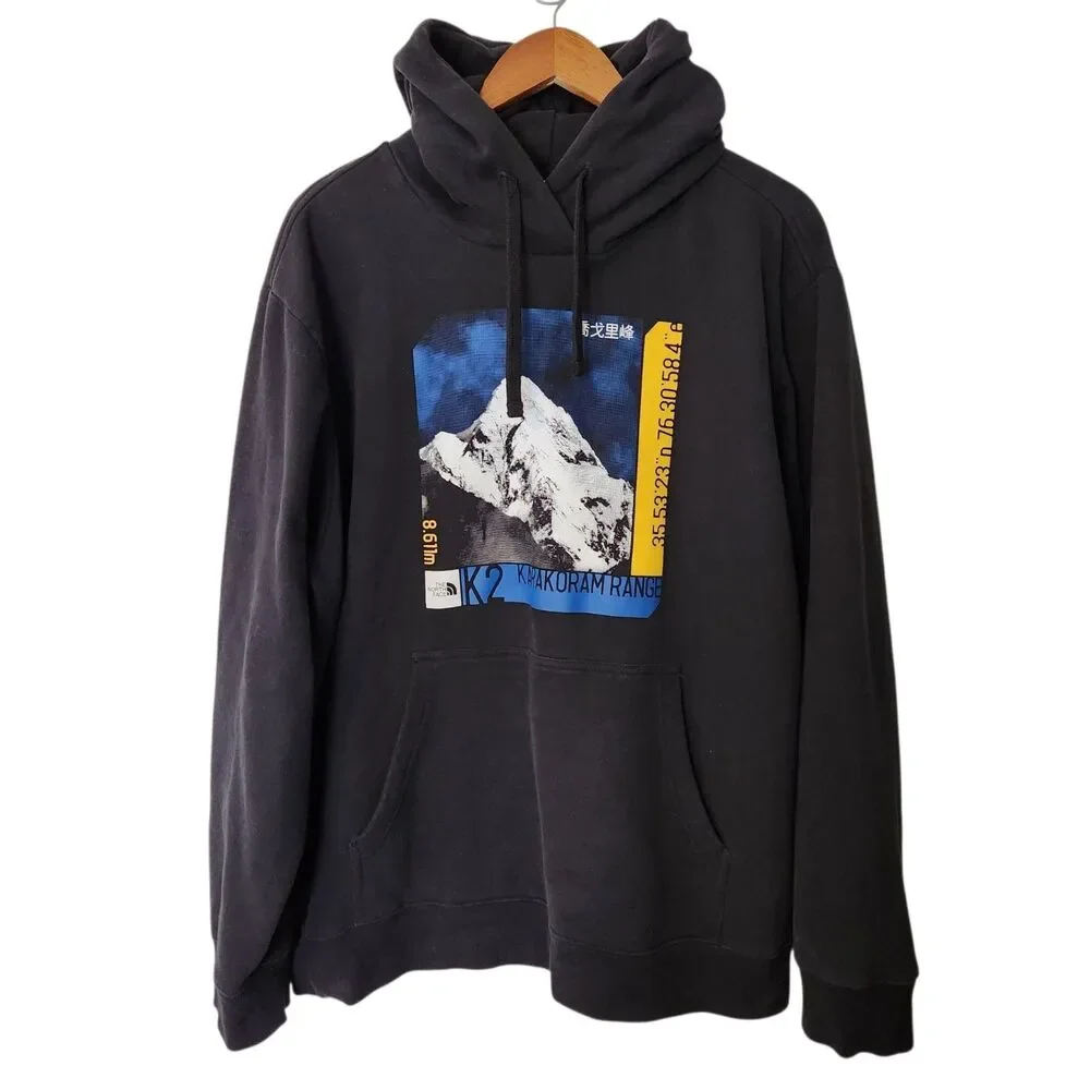 The North Face Mens Size XXL Black Hoodie K2 Karakoram Range Mountain Sweatshirt