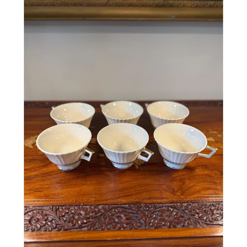 Vintage Lenox Cretan Tea Cups Set of 6 • Ivory Bone China w/ Gold Greek Key Trim