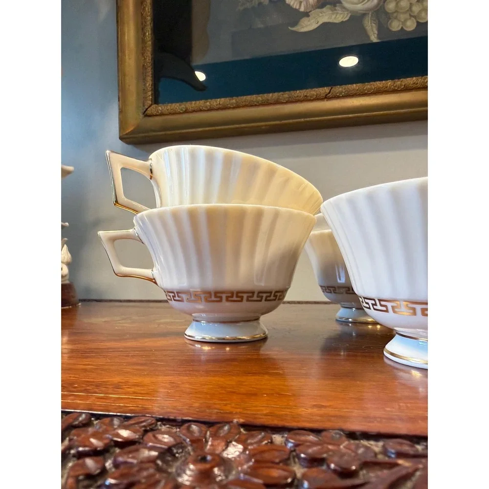 Vintage Lenox Cretan Tea Cups Set of 6 • Ivory Bone China w/ Gold Greek Key Trim