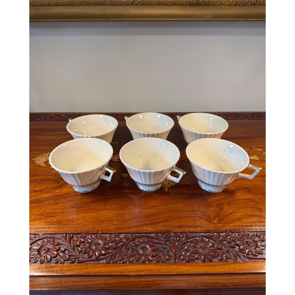 Vintage Lenox Cretan Tea Cups Set of 6 • Ivory Bone China w/ Gold Greek Key Trim