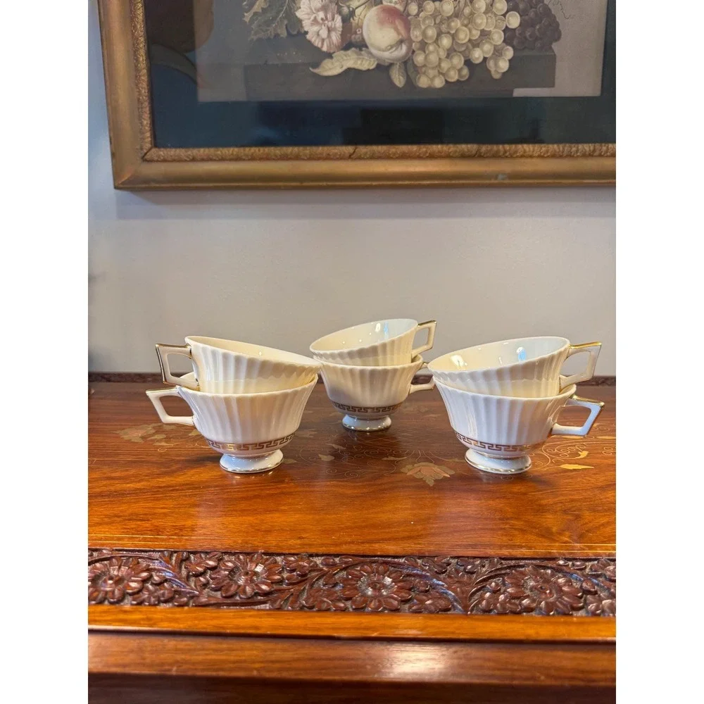 Vintage Lenox Cretan Tea Cups Set of 6 • Ivory Bone China w/ Gold Greek Key Trim