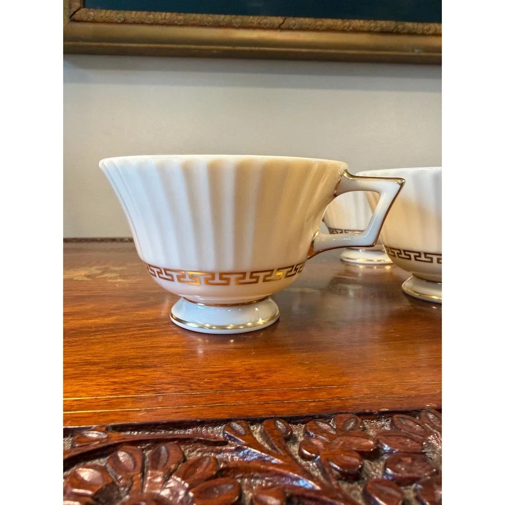 Vintage Lenox Cretan Tea Cups Set of 6 • Ivory Bone China w/ Gold Greek Key Trim