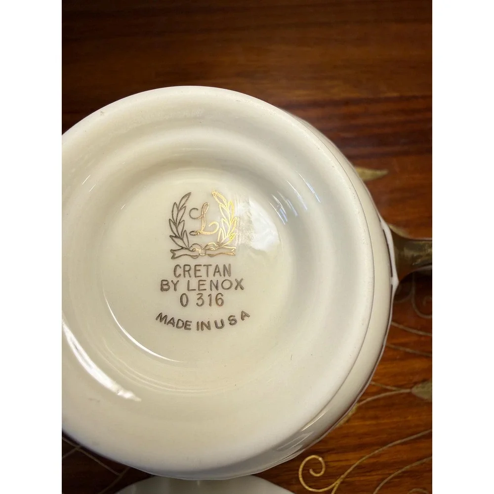 Vintage Lenox Cretan Tea Cups Set of 6 • Ivory Bone China w/ Gold Greek Key Trim
