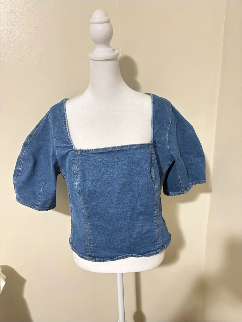 Old Navy Blue Square-Neck Puff Sleeve Denim Top