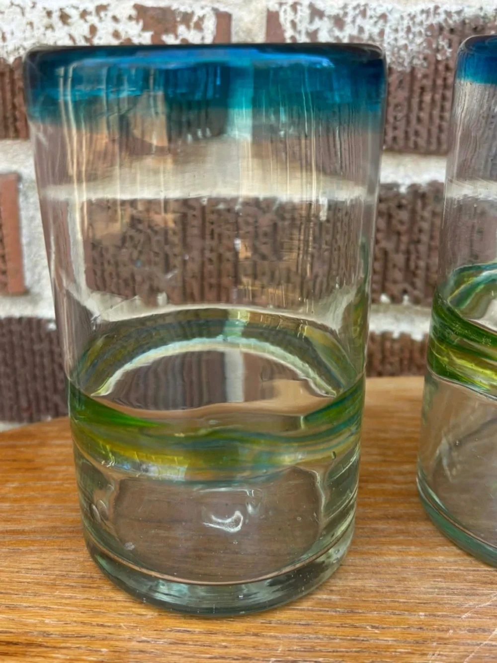 Mexican Hand Blown Green Blue Glass Tumblers thick Glasses Stripes Set of 3
