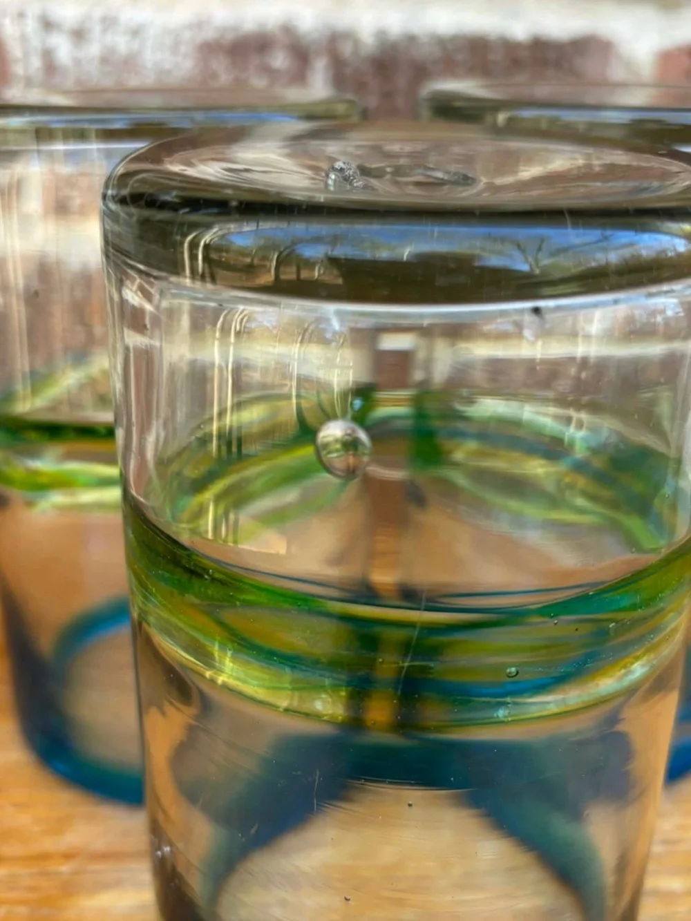 Mexican Hand Blown Green Blue Glass Tumblers thick Glasses Stripes Set of 3