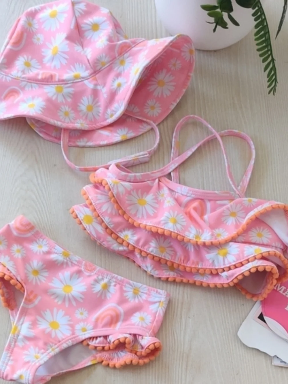 Andy & Evan Pink Daisy and Rainbow Tankini and Matching Hat Set Size 3/6M