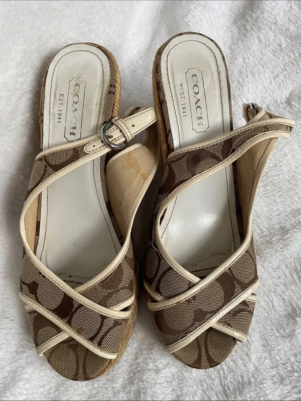 Coach Beige and Brown Signature Canvas Wedge Sandals