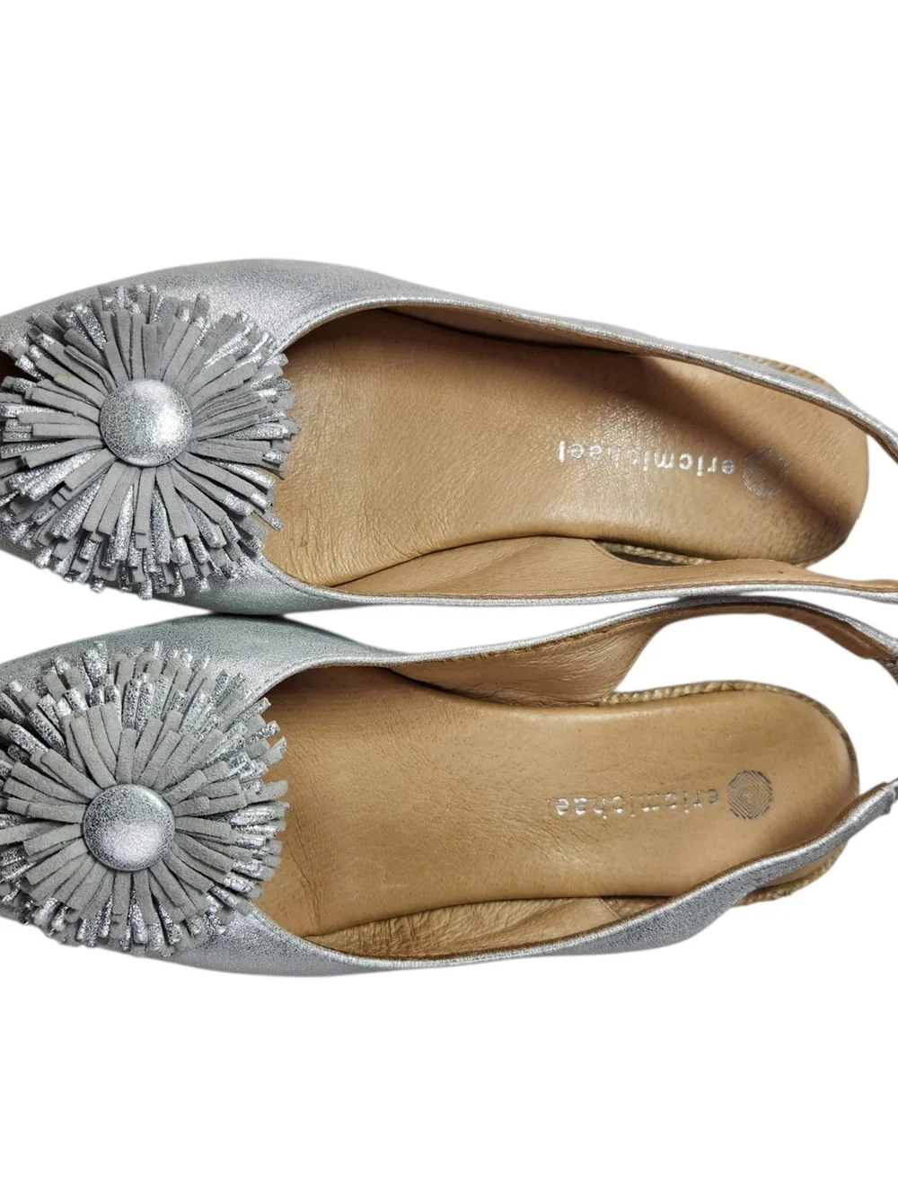 Eric Michael Silver Metallic Leather Espadrille Wedge Slingback Sandals Pom 6.5