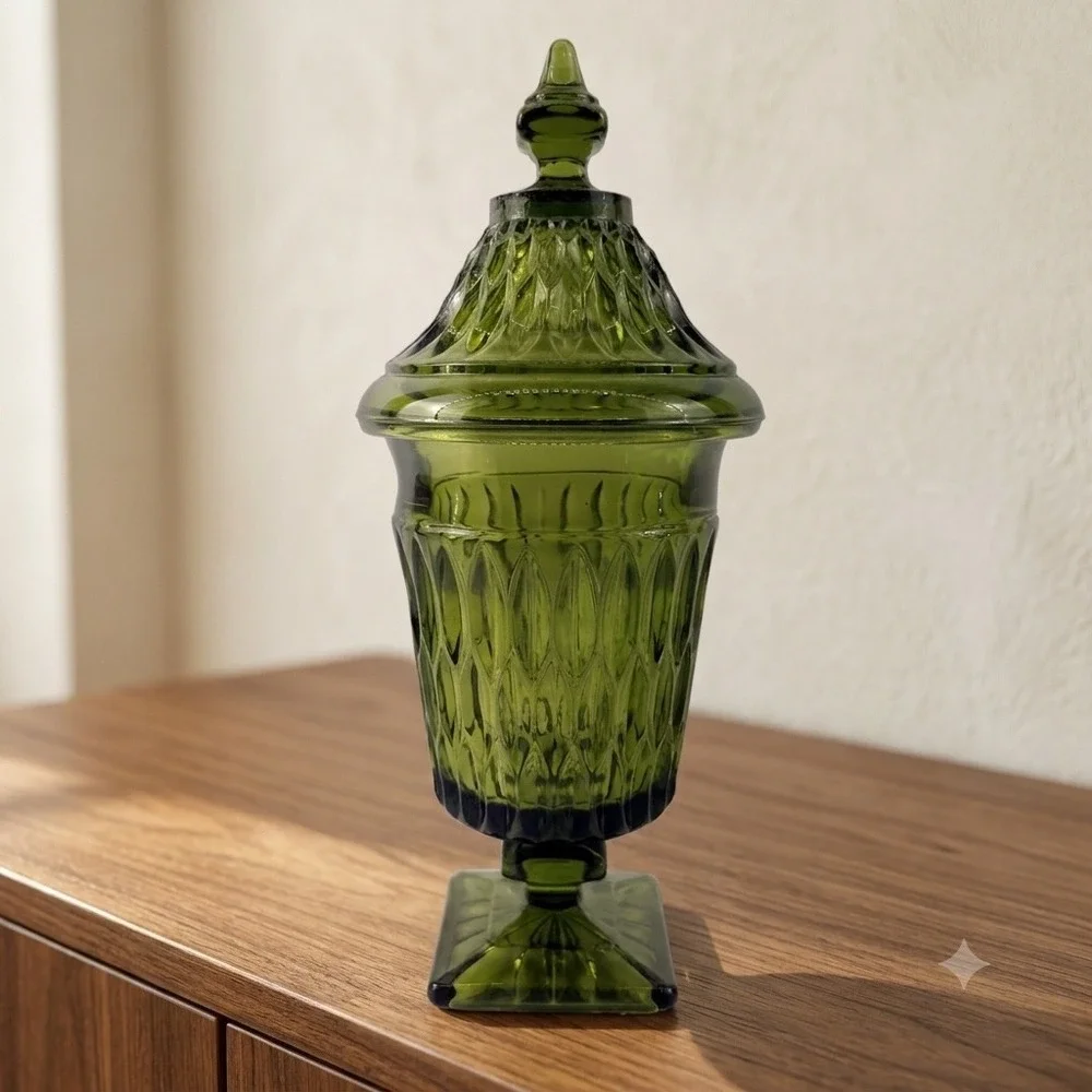 Indiana Glass Diamond Point Avocado Green Apothecary Jar Covered Pedestal