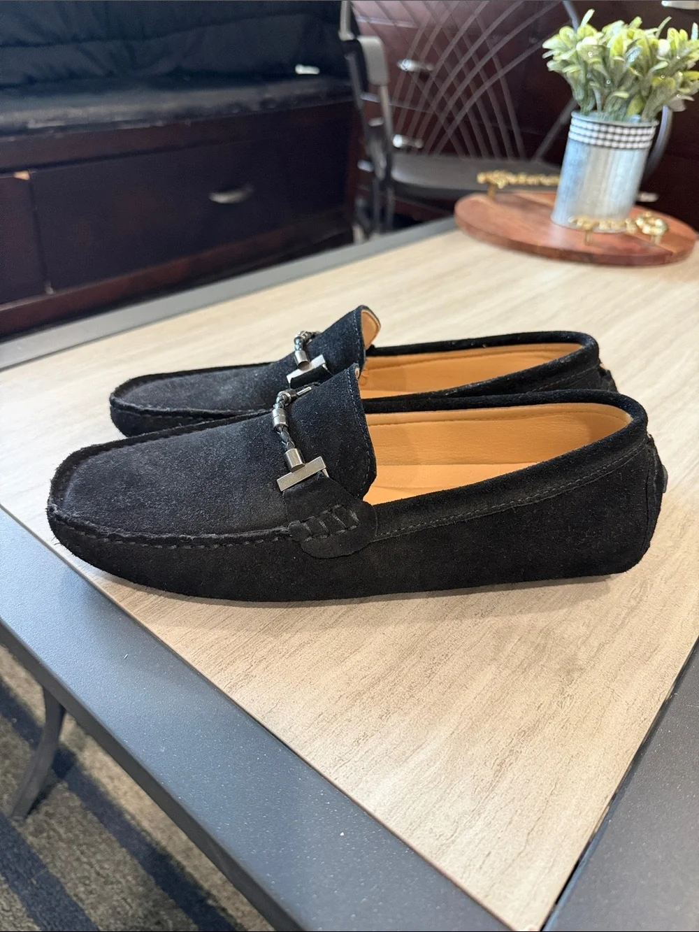DC Men’s Black Suede Slip-On Loafers with Silver Bit