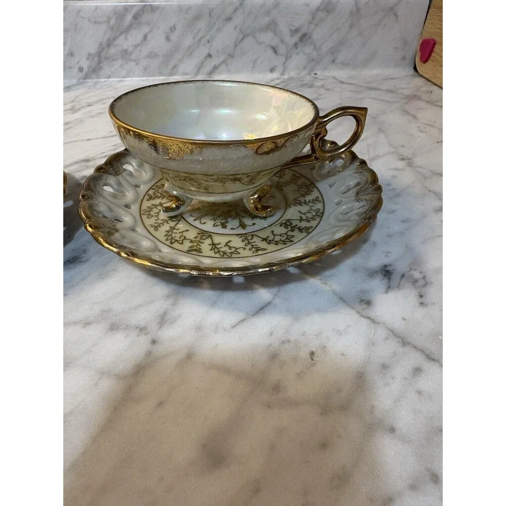 Set of 2 Vintage Yamato Lusterware Tea Cups & Pierced Saucers