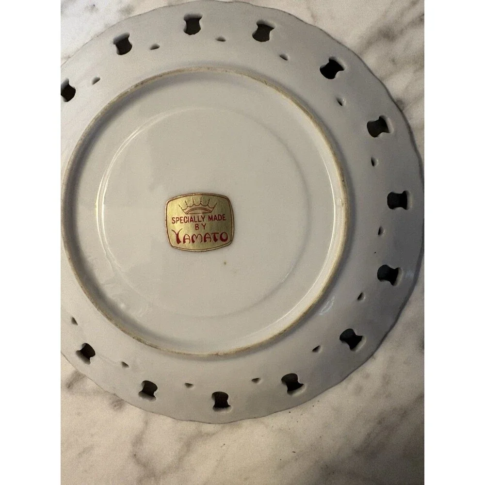 Set of 2 Vintage Yamato Lusterware Tea Cups & Pierced Saucers