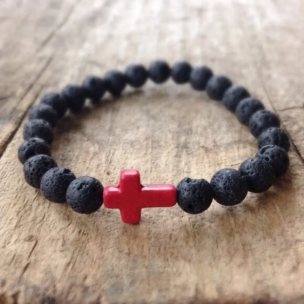 Red Cross Black Lava Stone Beaded Bracelet 8mm beads - Size 8 inches