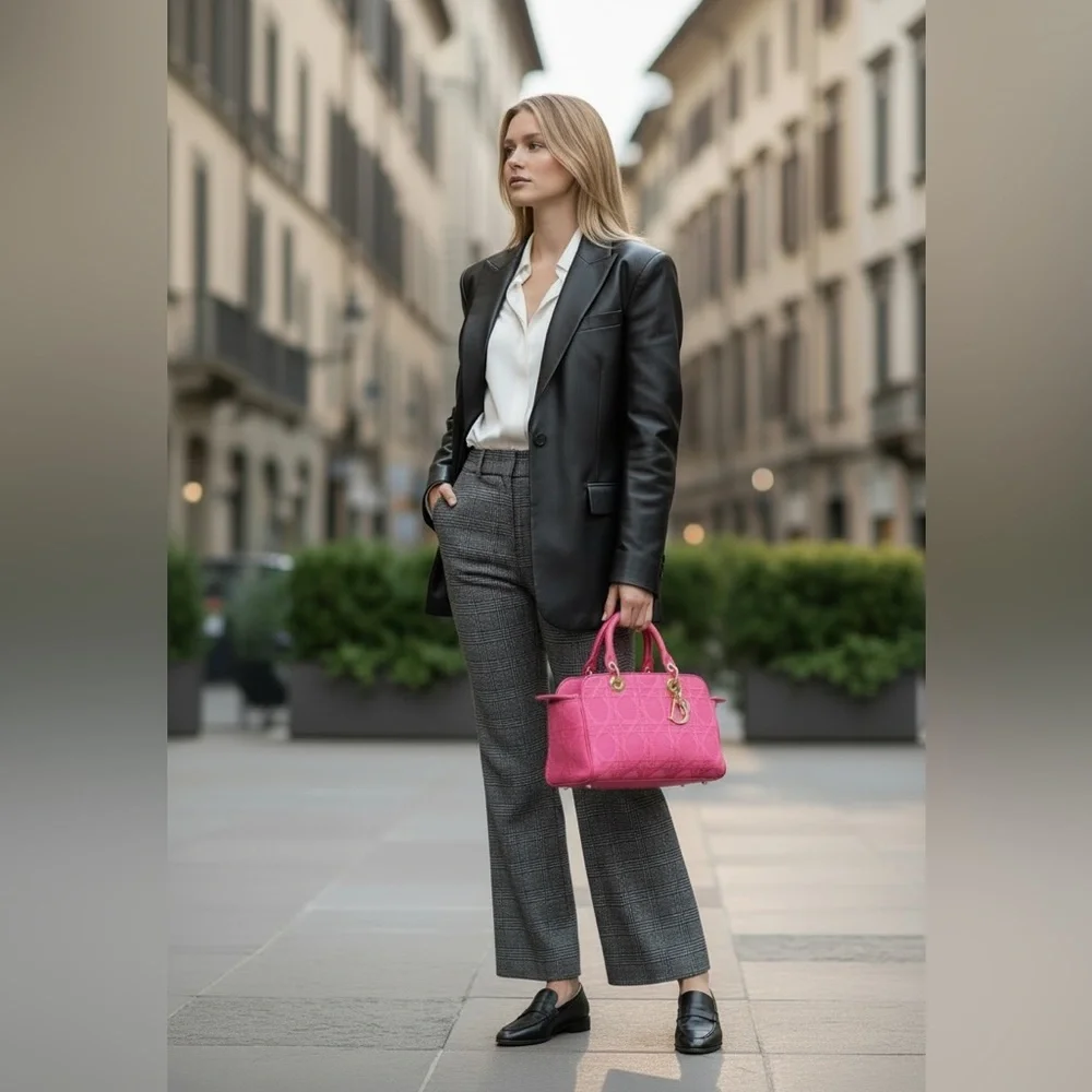 Auth LADY DIOR East West tote bag fushia Pink cannage silk jacquard Handbag RARE