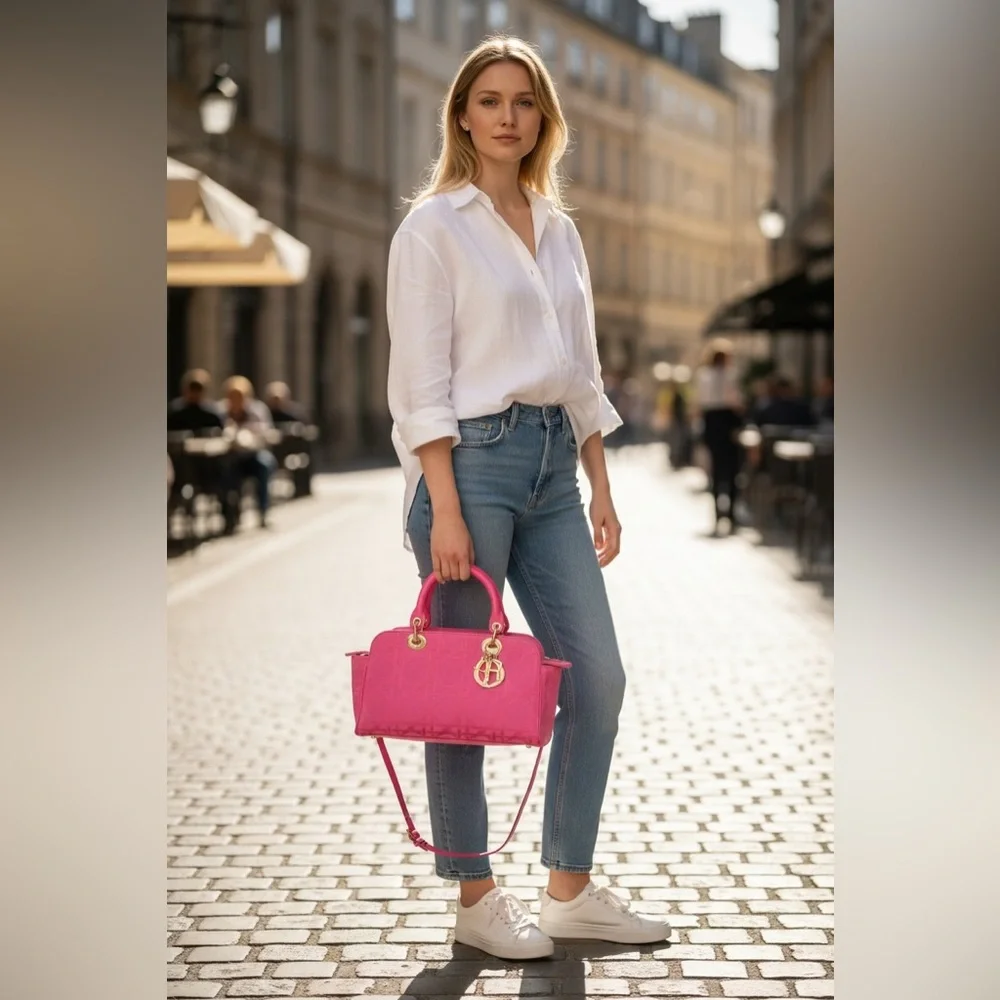 Auth LADY DIOR East West tote bag fushia Pink cannage silk jacquard Handbag RARE