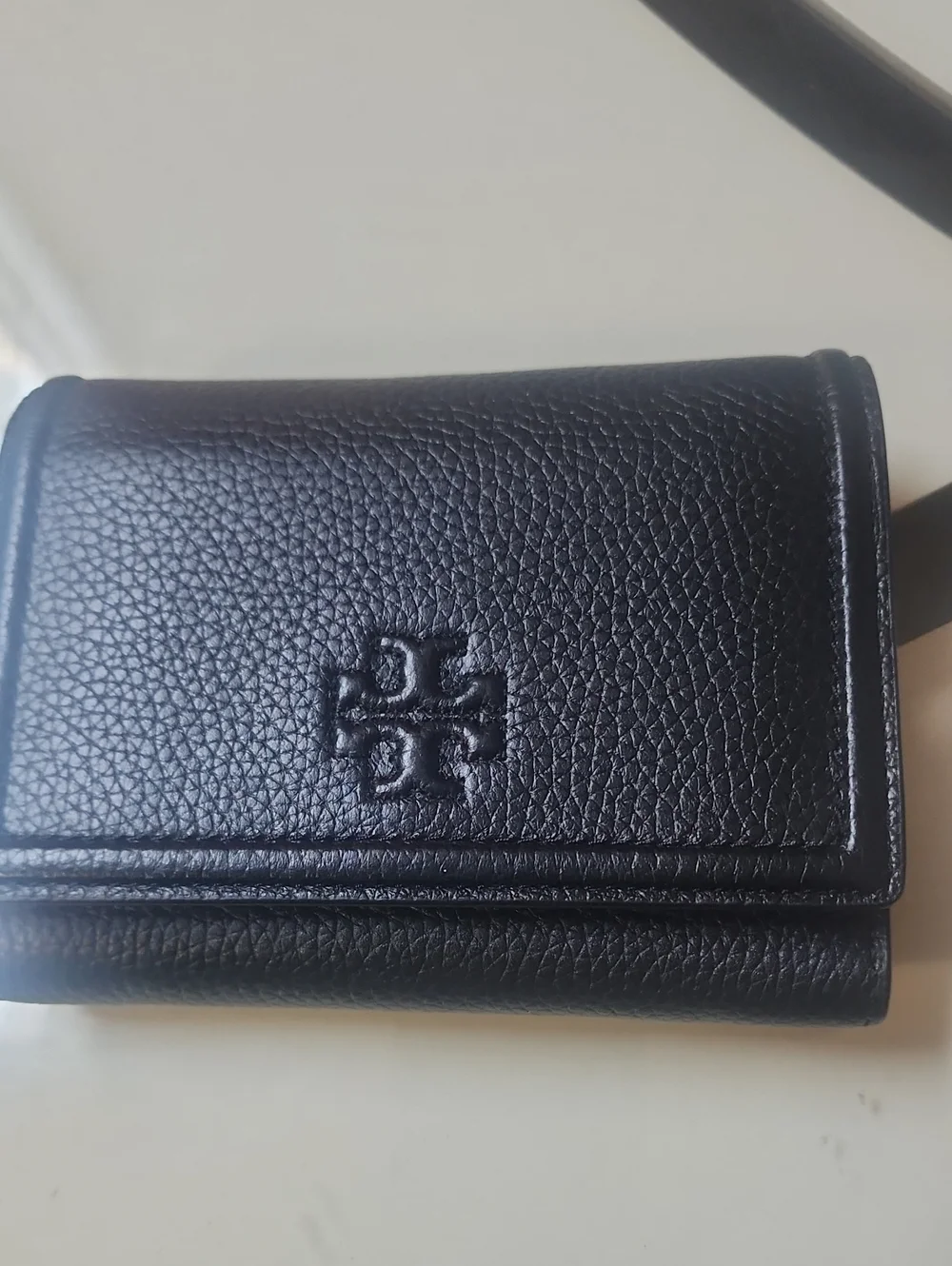 Tory Burch Black Pebbled Leather Thea Medium Flap Wallet with Gold Hardware