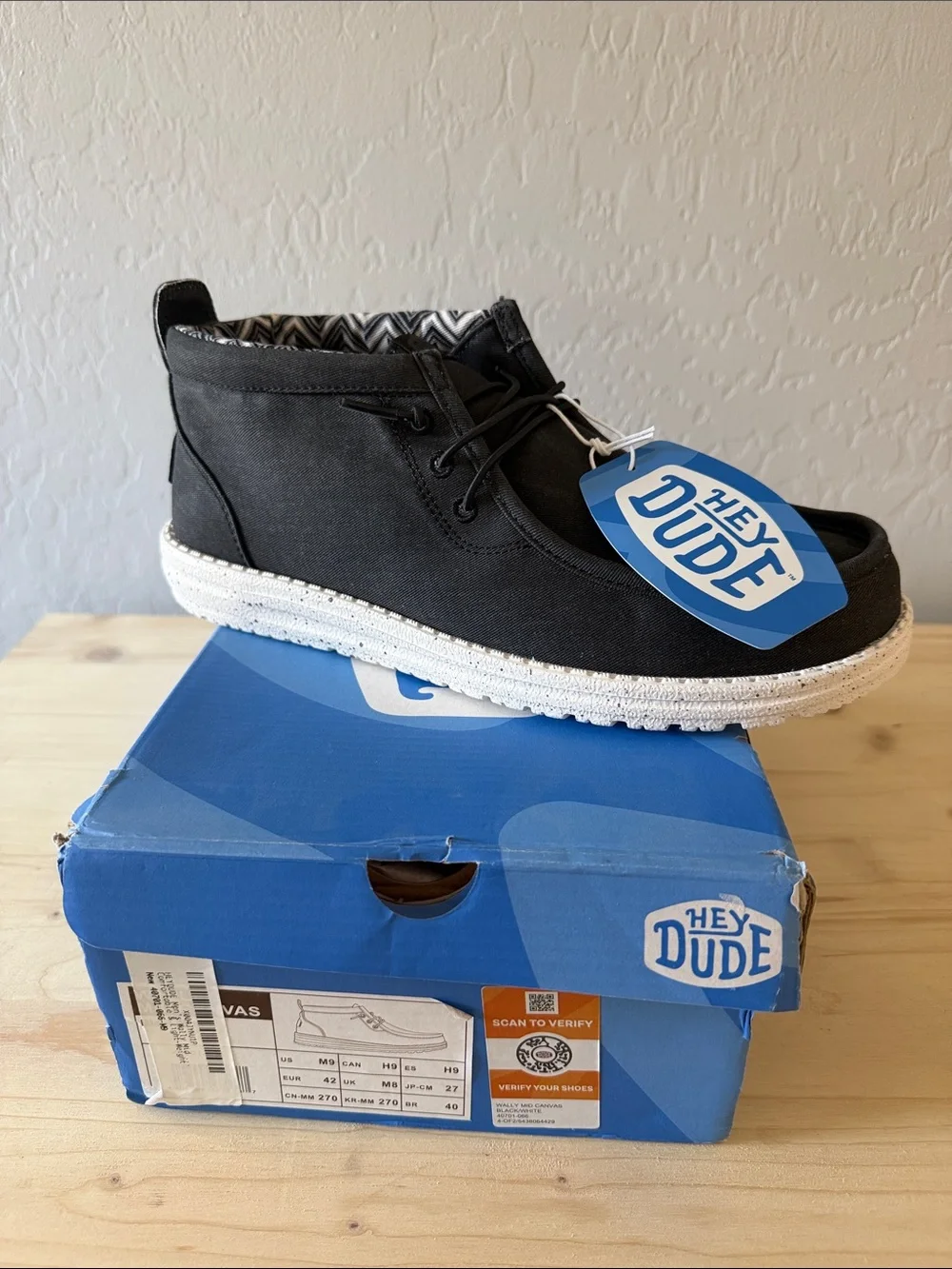 Hey Dude Black Wally Mid Canvas with White Speckled Sole