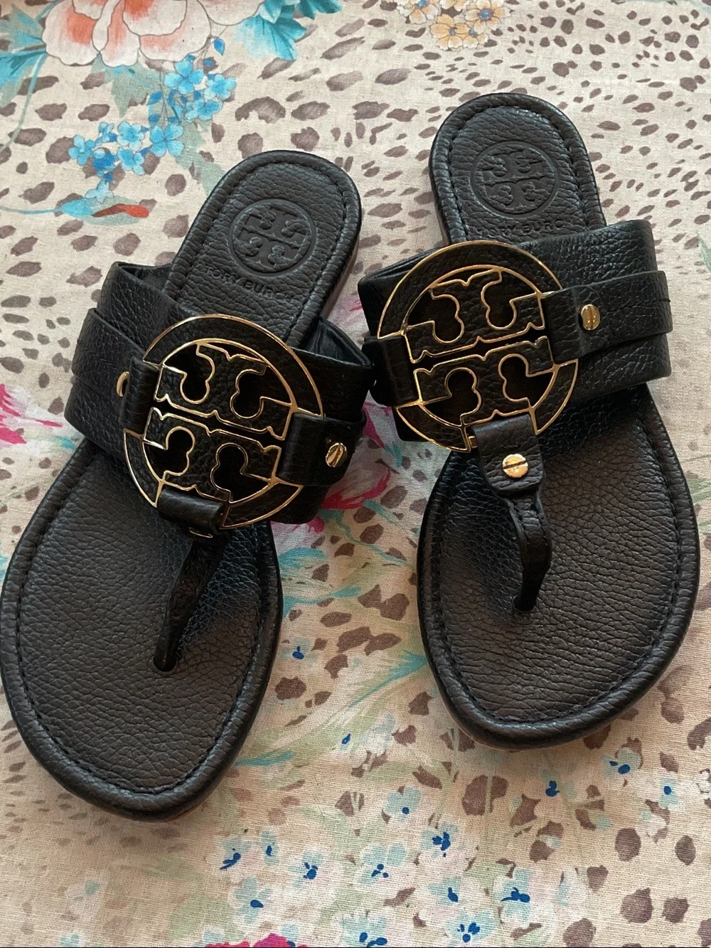 Tory Burch Black Leather Amanda Sandals with Gold Logo Medallions