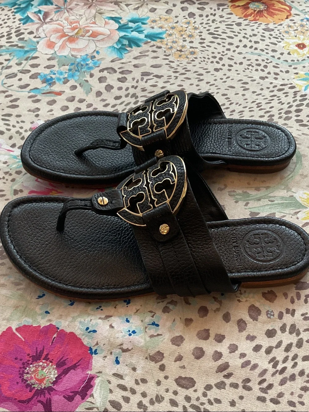 Tory Burch Black Leather Amanda Sandals with Gold Logo Medallions