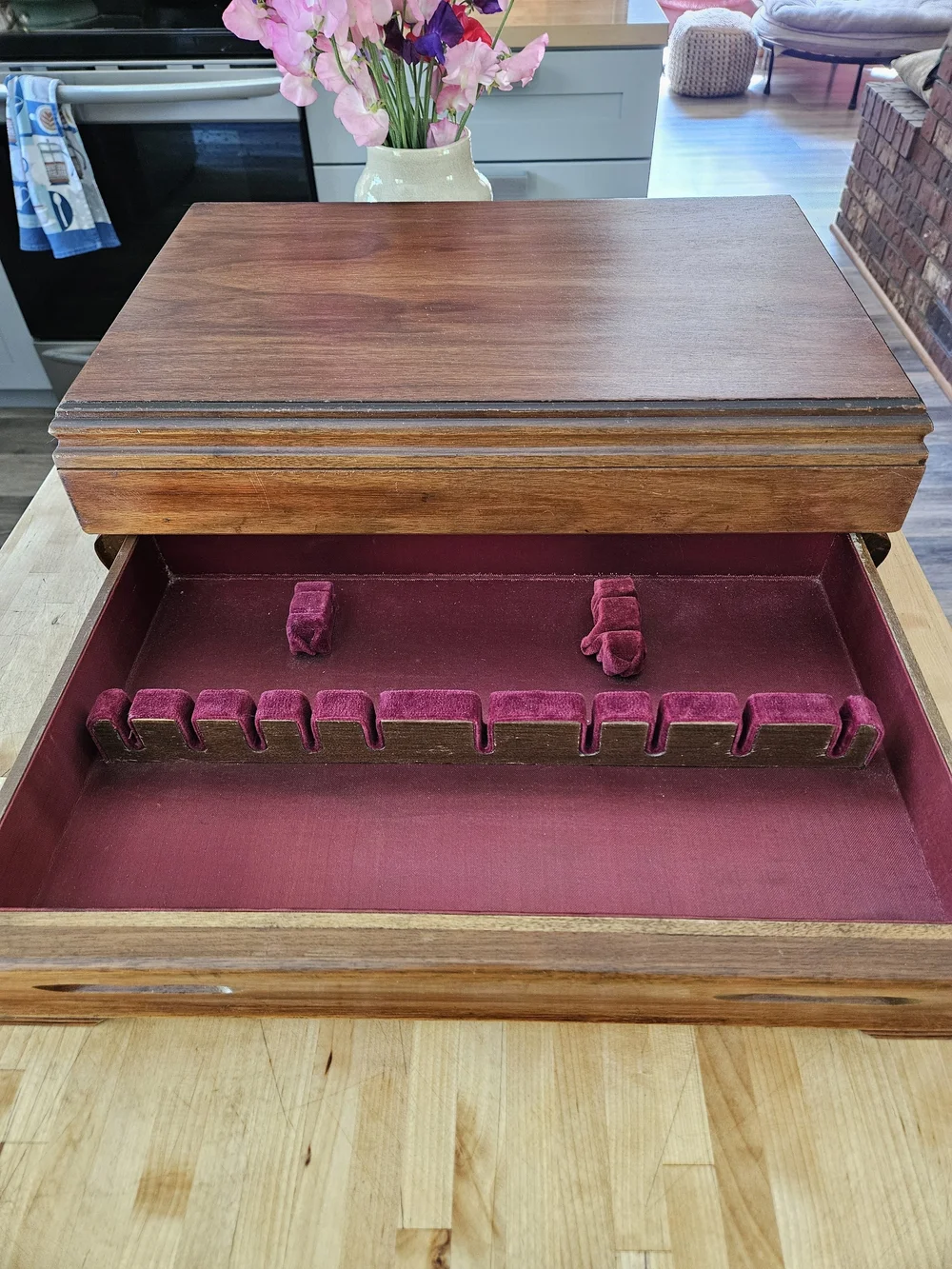 Vintage Wooden Silverware Box with Burgundy Velvet Interior