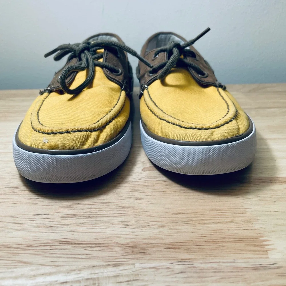 Polo Ralph Lauren Mens Lander P Yellow Canvas Boat Shoes 9D Brown Trim