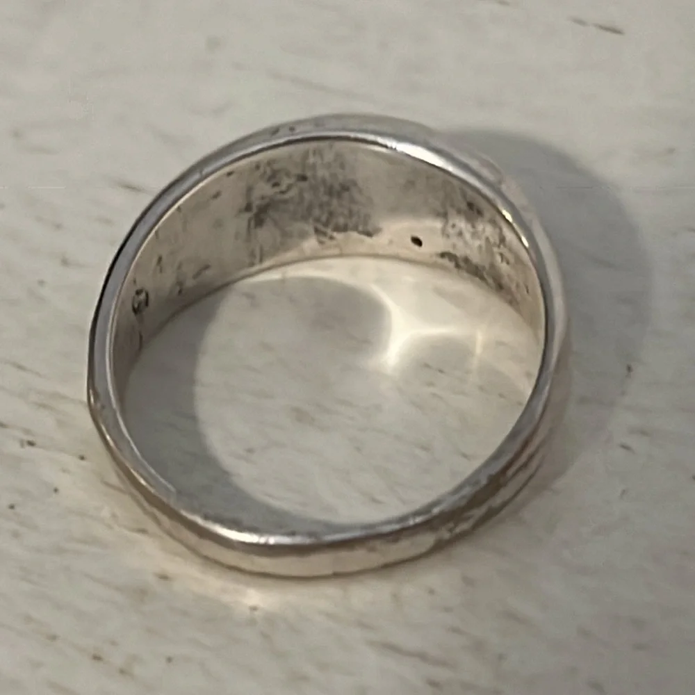 Unmarked Native American silver turquoise coral feather ring size 8.5