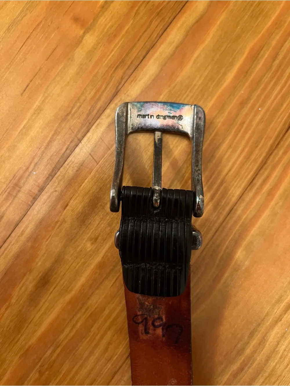 Men’s Martin Dingman Black Striped Genuine Italian Calfskin Leather Belt Sz 40