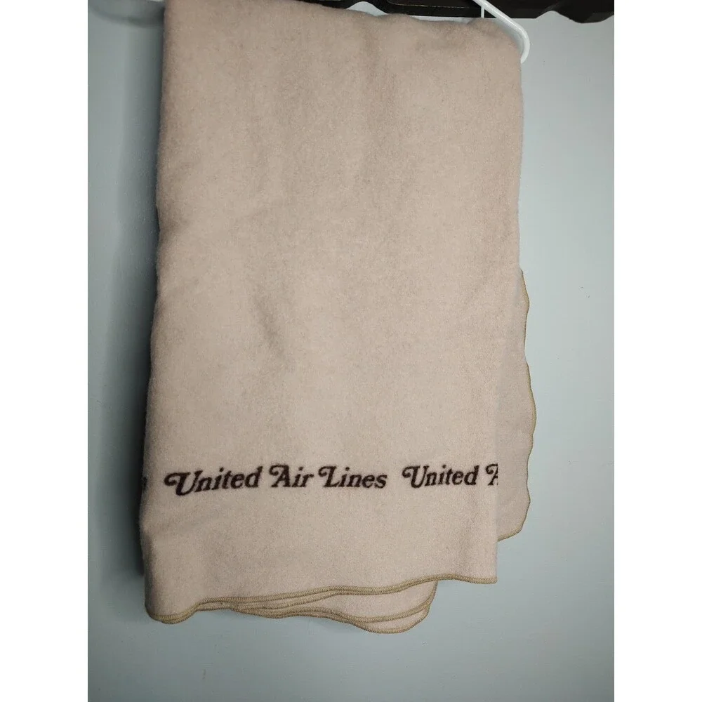 Vintage Retro Faribo United Airlines Wool Blanket Throw Beige 54x46