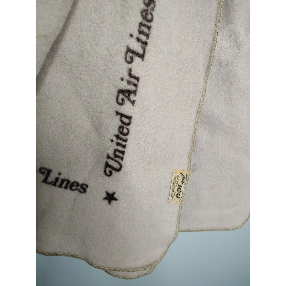Vintage Retro Faribo United Airlines Wool Blanket Throw Beige 54x46