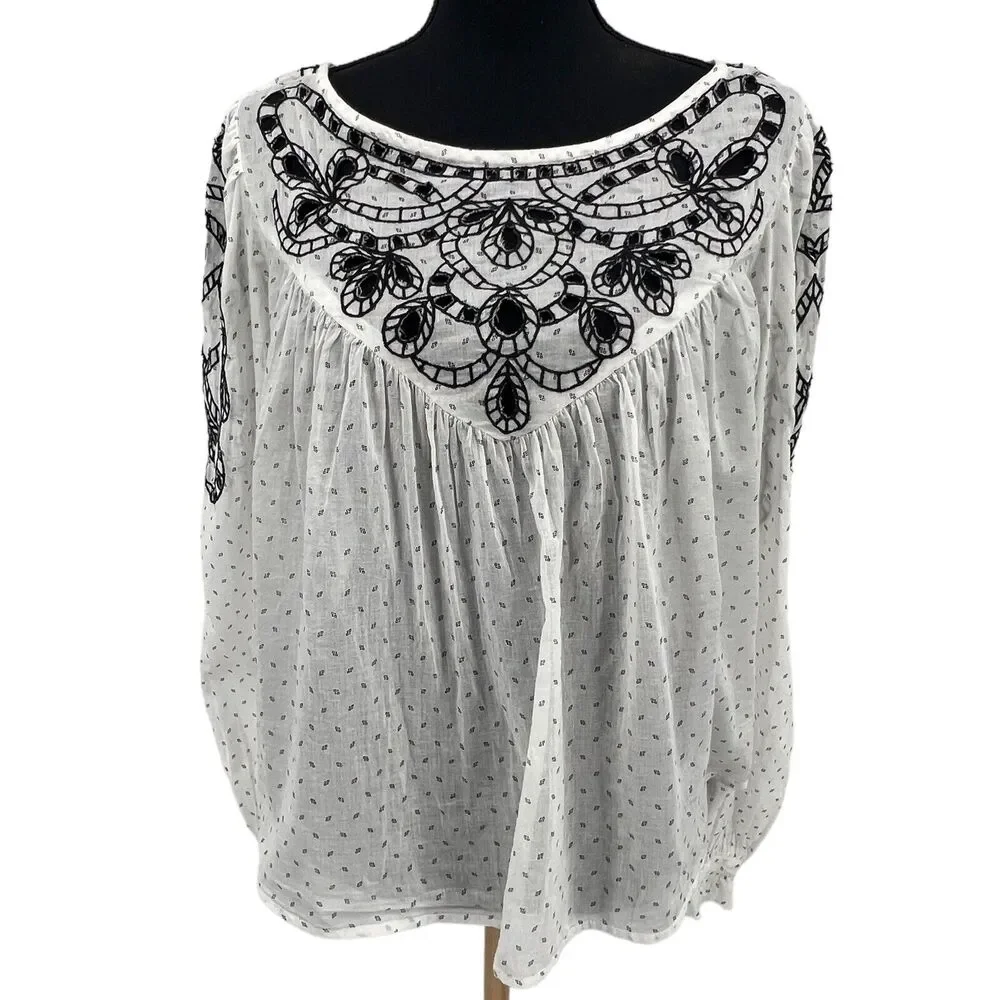 Free People Everything I Know Cotton‎ Peasant Blouse Embroidered Cutouts Medium