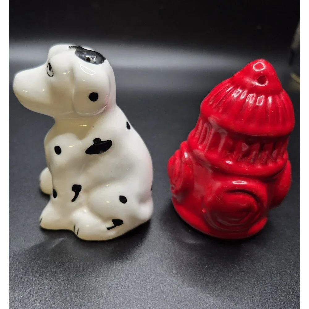 Vintage Salt & Pepper Shakers Figural Dalmation Dog + Fire Hydrant FireFighter