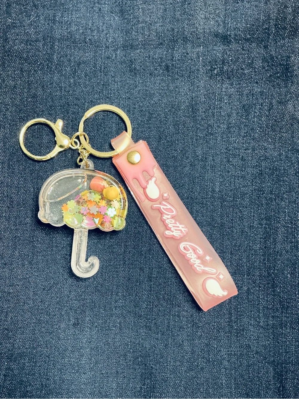 Pink 'Pretty Good' Resin Keychain with Clear Umbrella Charm LIKE NEW