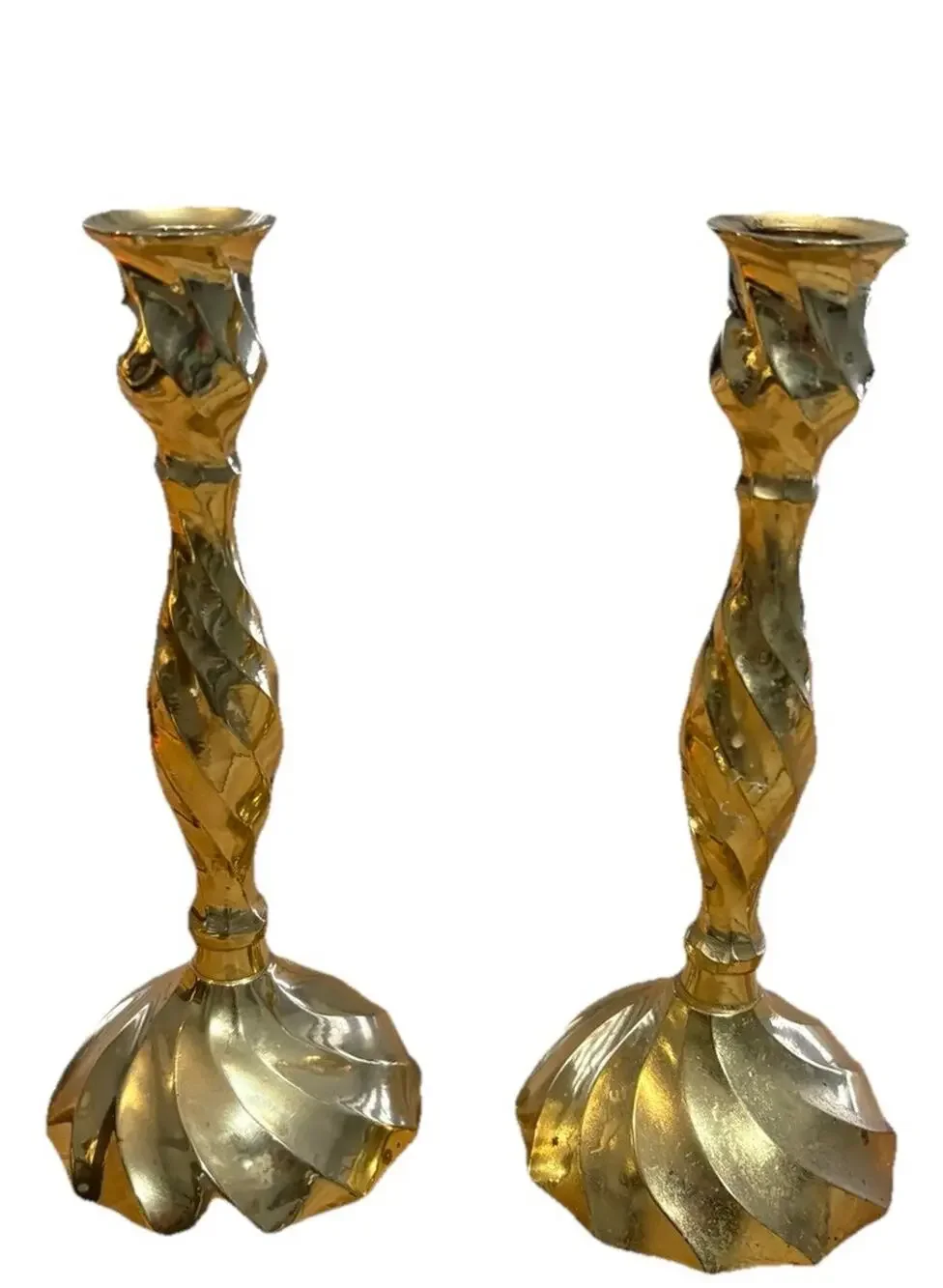 Vintage Pair Of Solid Brass 8” Spiral Candlestick Holders. Made In India