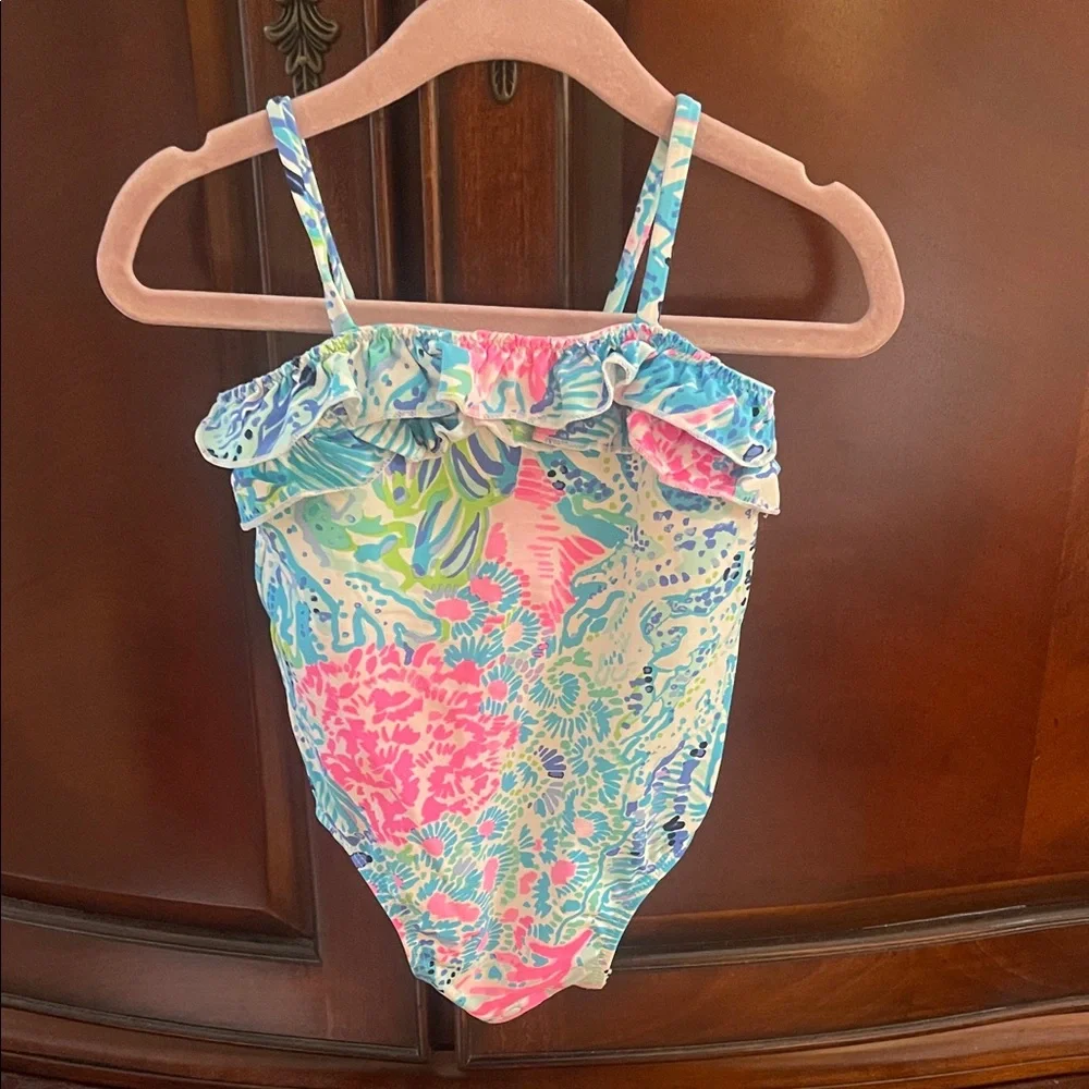 Lilly Pulitzer Girls Pink, Blue & Green Ruffle One-Piece Swimsuit