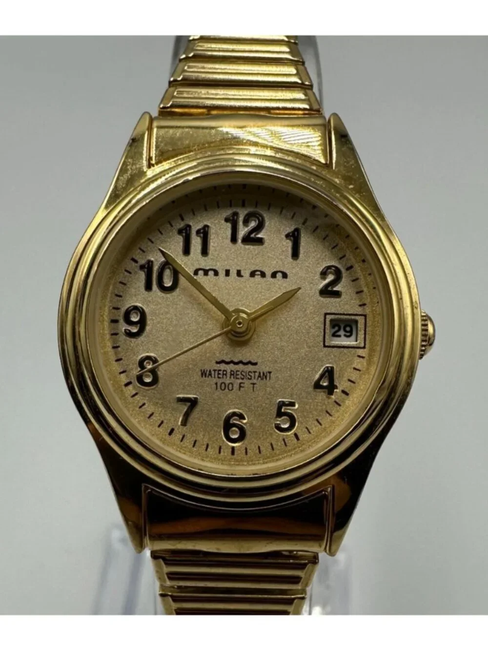 3/$30 Milan Watch Women Gold Tone Date Window Stretch Band New Battery 6.25 Inch