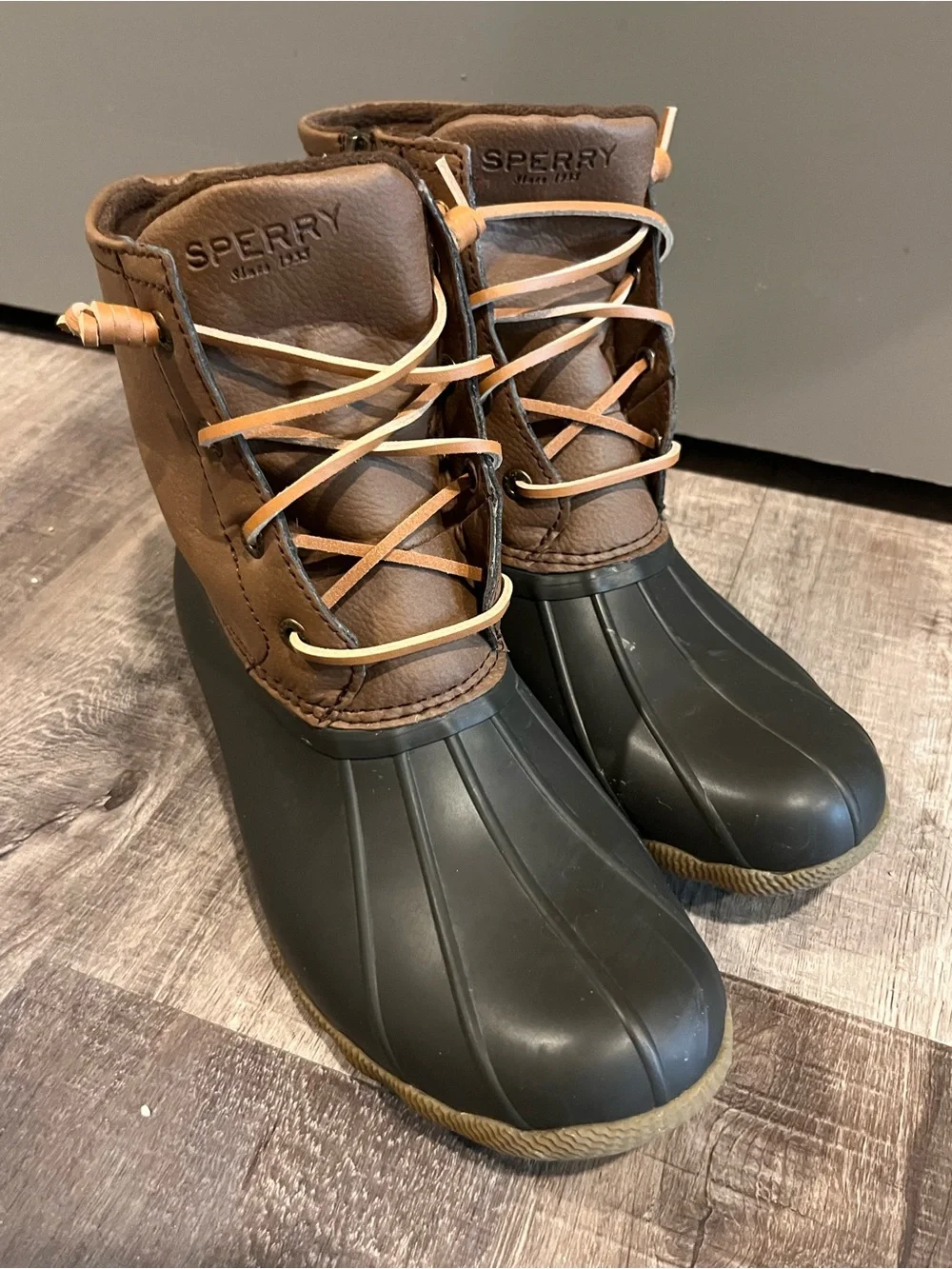 Sperry Brown Leather and Black Rubber Duck Boots