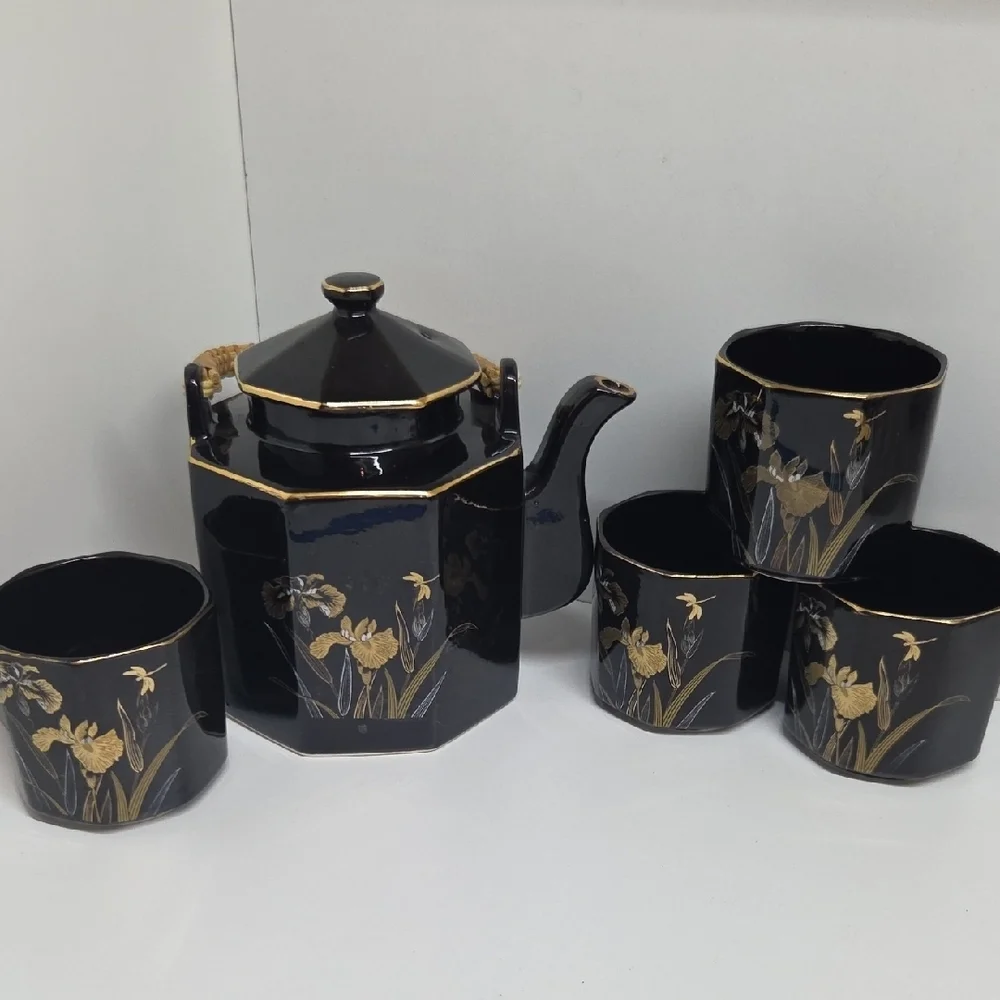 Vintage Black and Gold Floral Tea Set with Bamboo Handle