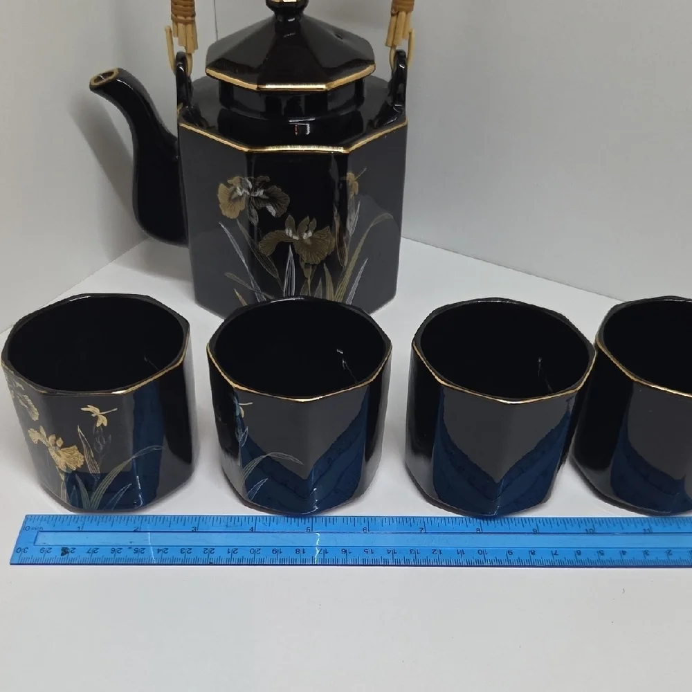 Vintage Black and Gold Floral Tea Set with Bamboo Handle
