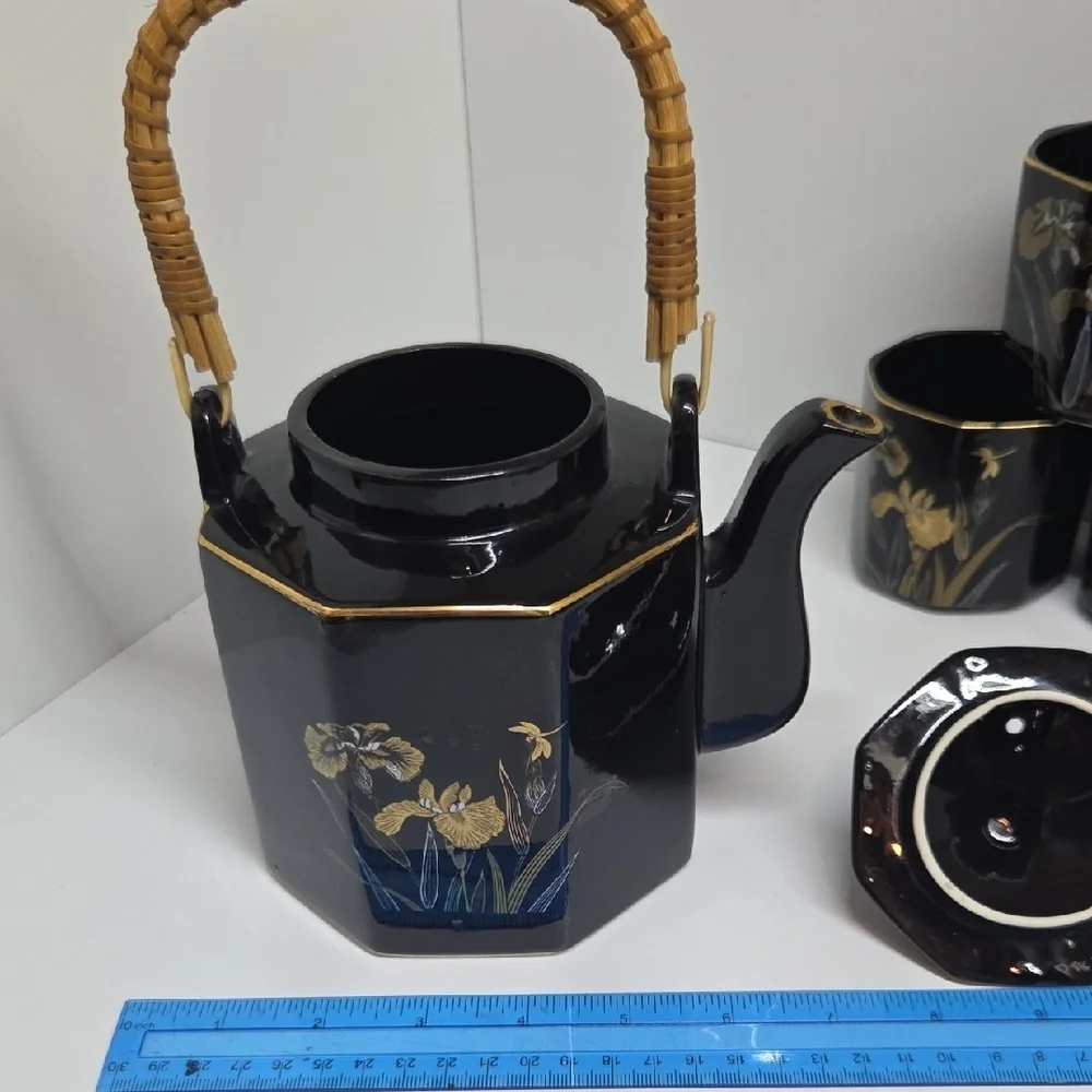 Vintage Black and Gold Floral Tea Set with Bamboo Handle