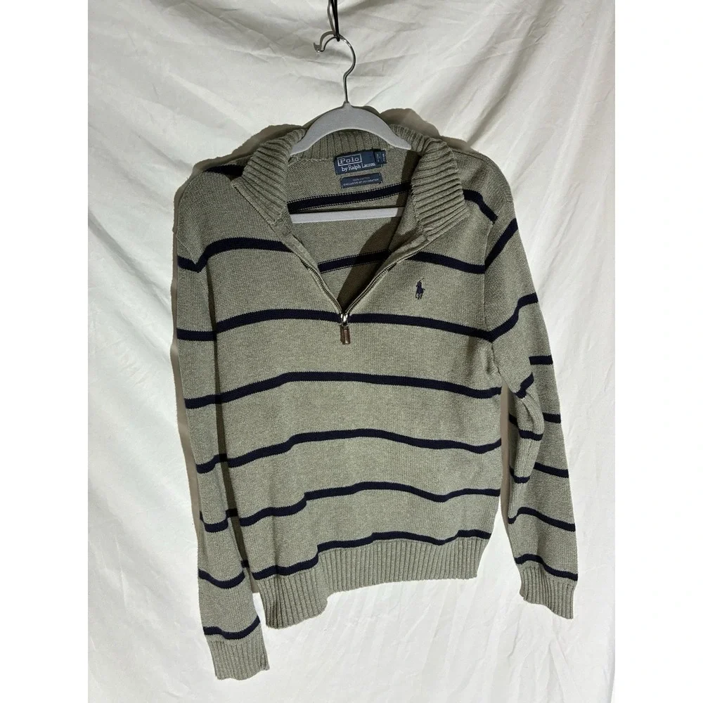 Polo Ralph Lauren Mens Gray Quarter Zip Pullover Pony Logo Striped L