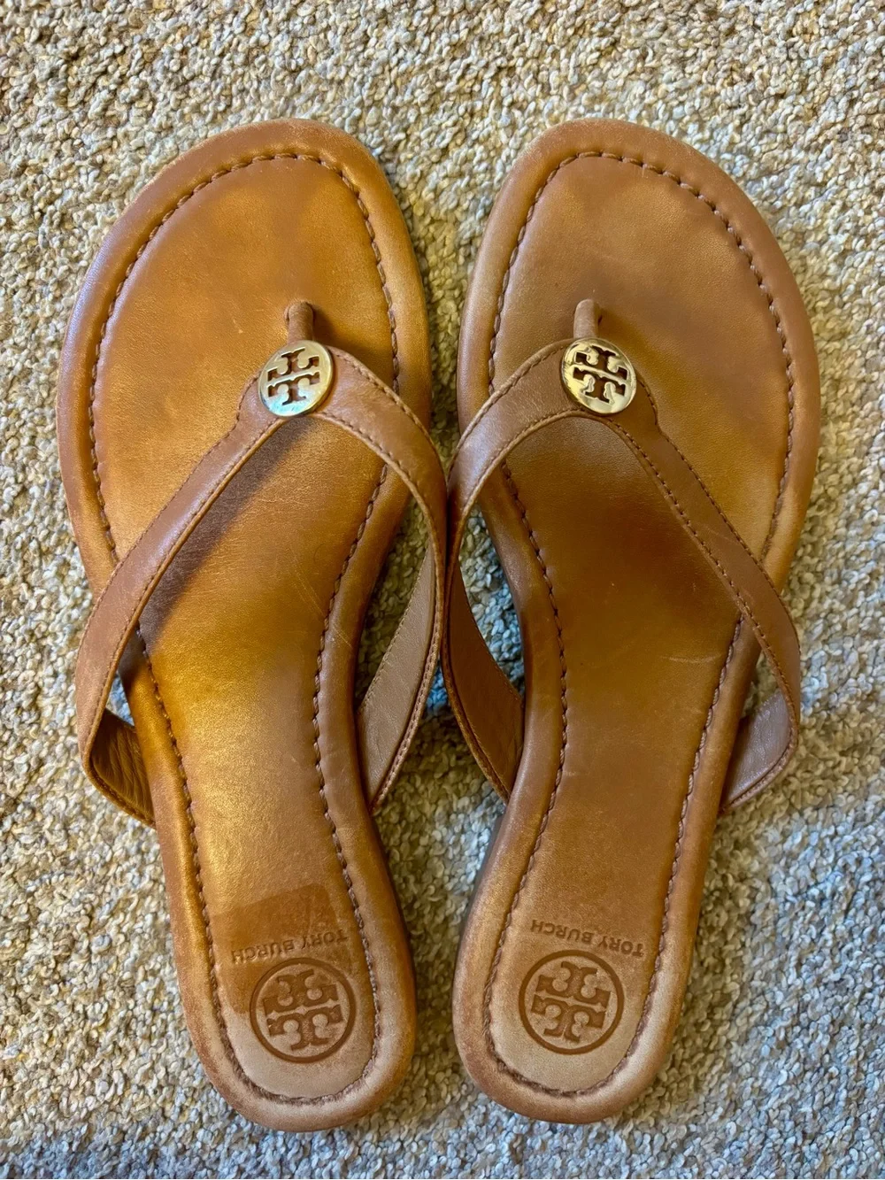 Tory Burch Tan Leather Logo Thong Sandals
