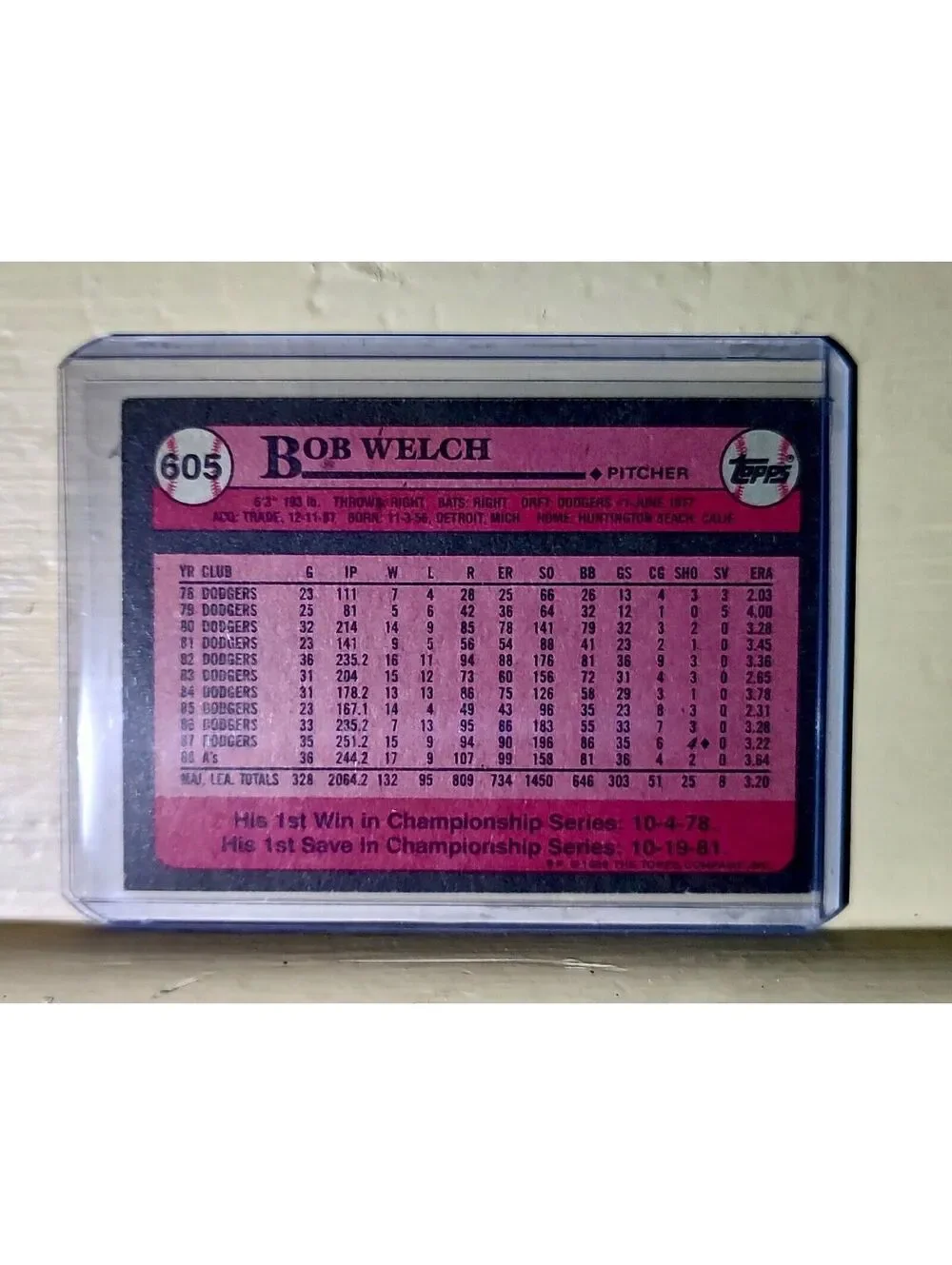 1989 Bob Welch Topps Baseball Card #605