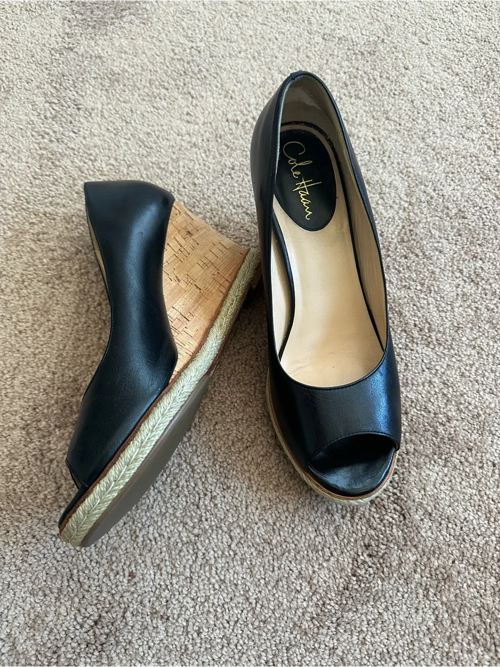 Cole Haan Black Leather Peep-Toe Platform Wedges