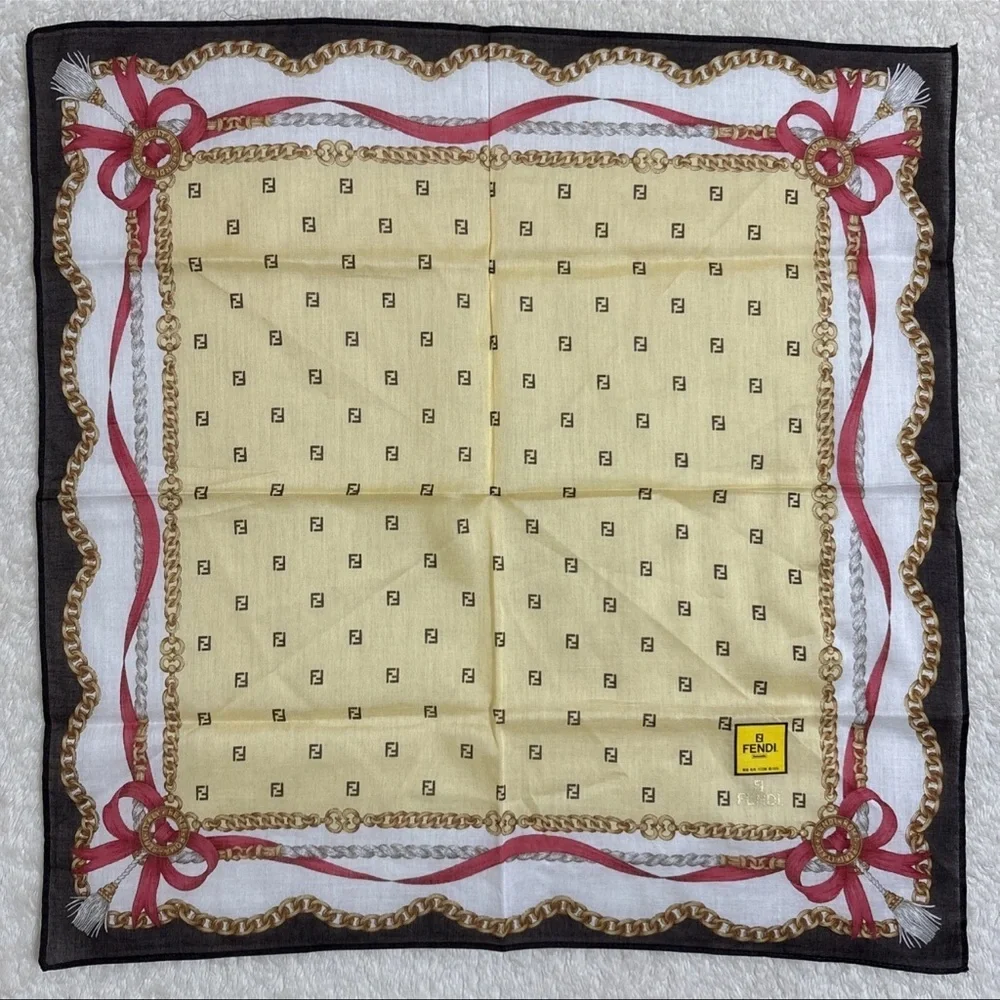 FENDI Cotton Scarf 17inches Chain Ribbon Logo Border Elegant