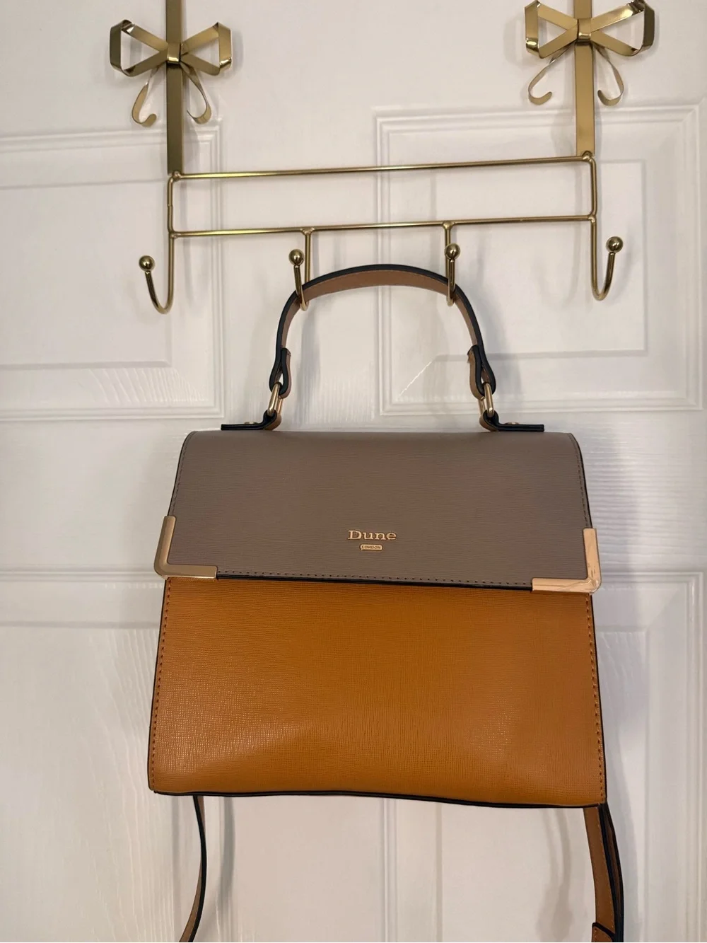 Two-Tone Taupe and Tan Leather Top-Handle Bag