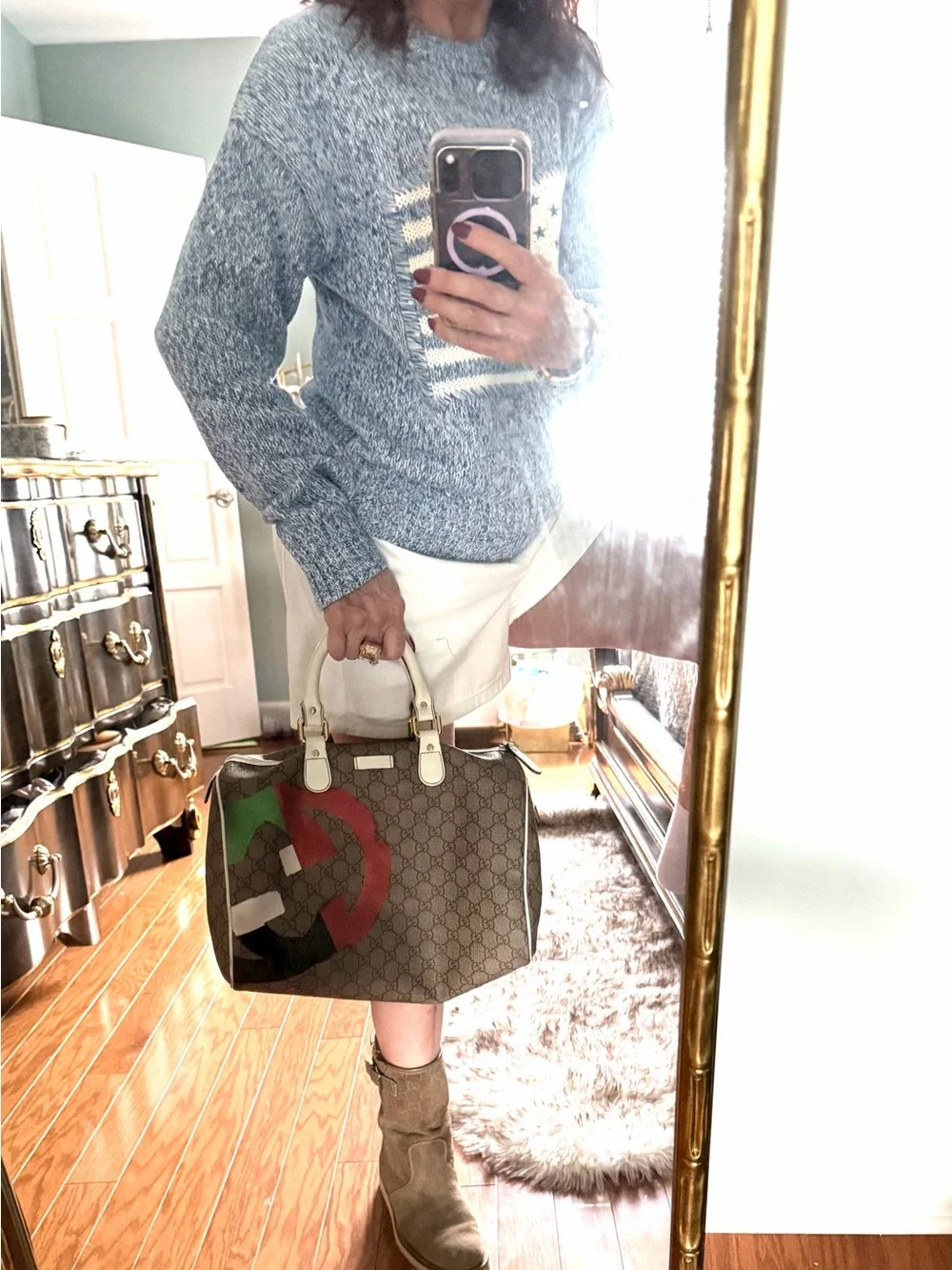 GUCCI Guccisima, hint of sparkle GG Supreme painted beige canvas Boston Bag