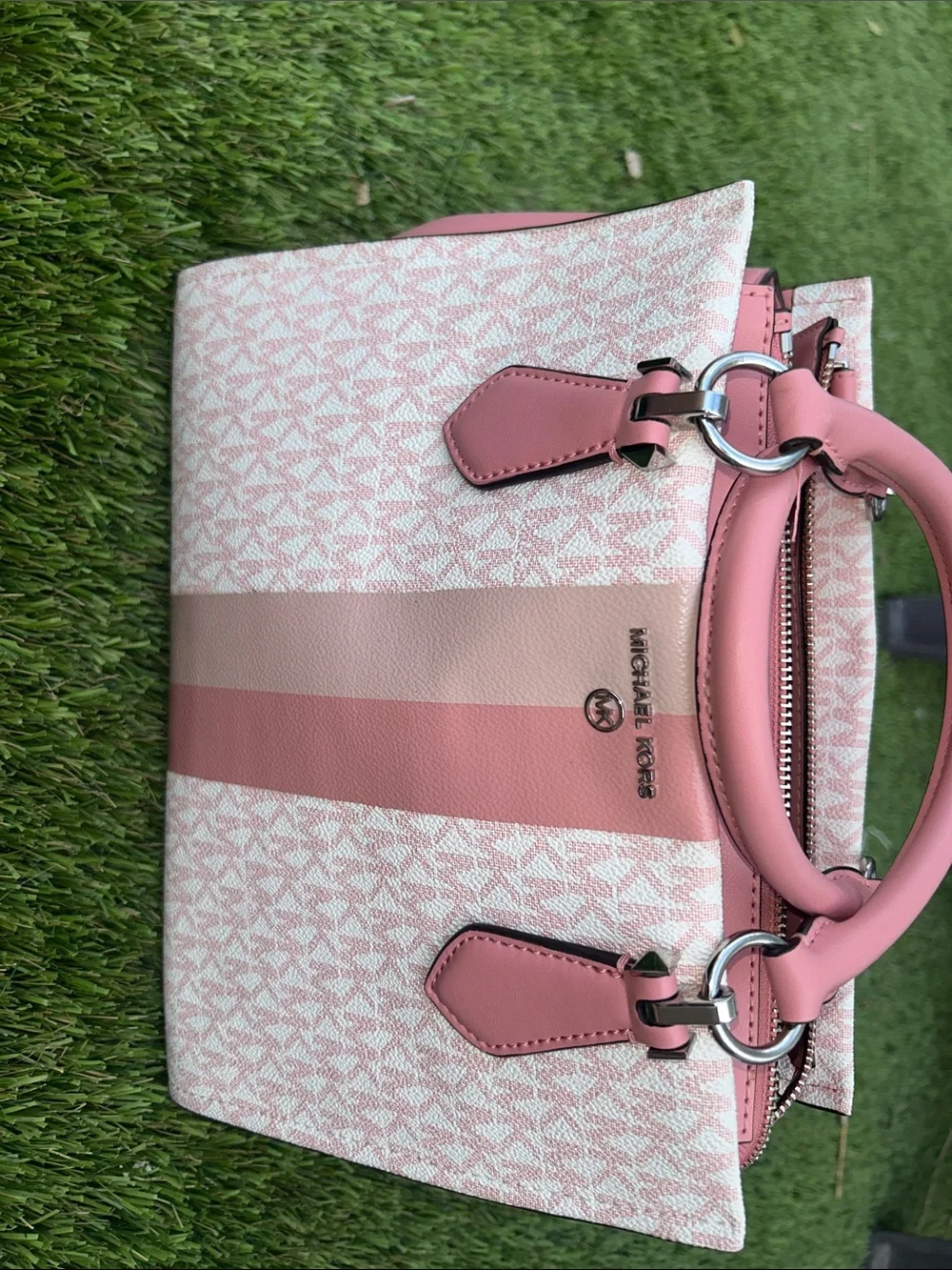 MICHAEL KORS Pink Stripe Signature Satchel Bag