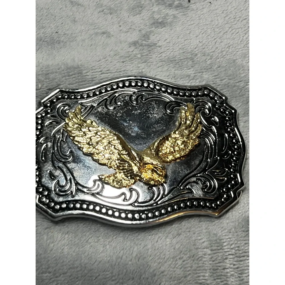 Gold Eagle Belt Buckle Silver Tone Western Scroll Made USA Patriotic Cowboy